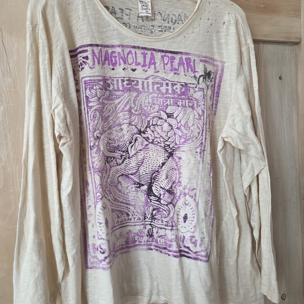 Magnolia Pearl Cream and Purple Graphic Long Sleeve Top